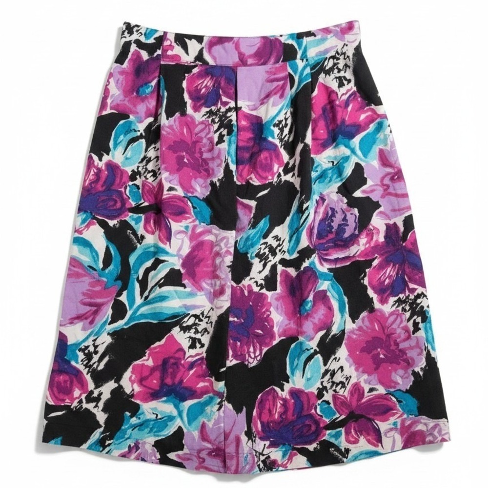 Norton & Company Vintage Floral High Waisted Pleated Midi Skirt, Purple Teal‎
